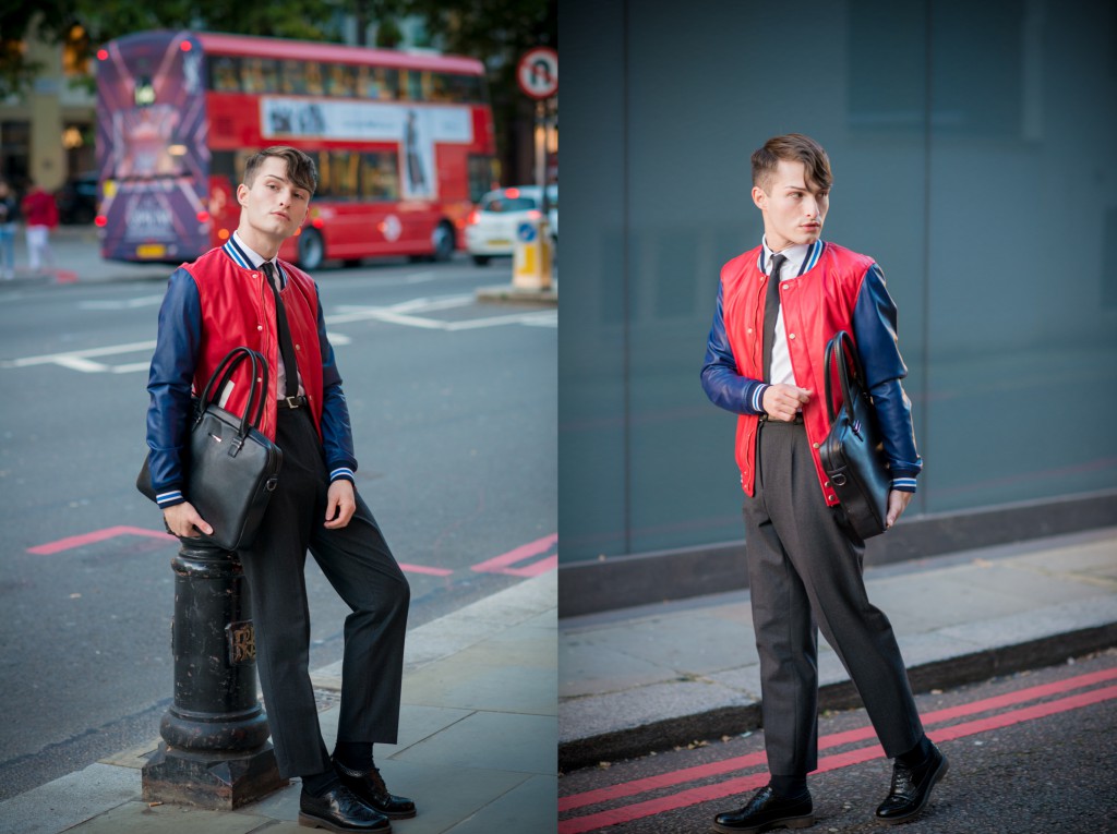Mister Matthew in einer roten Collegejacke für Herren in London süchtig nach Reisen Fashion Blog Für Männer Mister Matthew
